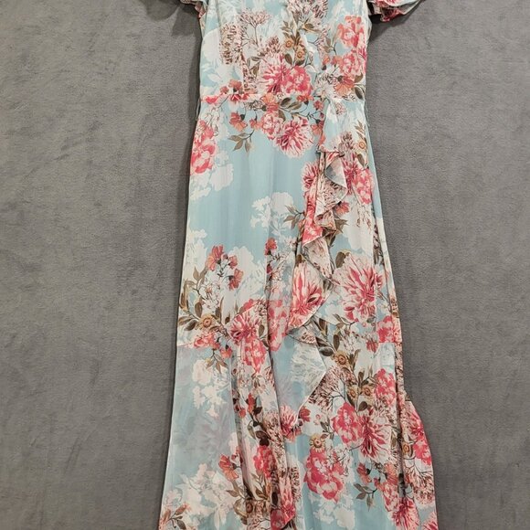 Eliza J Maxi Dress Womens 6 Floral V Neck Ruffle Girly Flutter Sleeve Green Pink - Picture 2 of 8